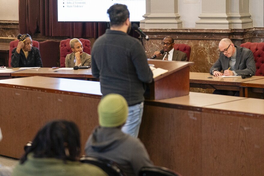 Will Ross, vice chairperson of the St. Louis Reparations Commission, responds to a man’s public comment during a meeting of the commission on Wednesday, Jan. 31, 2024, at City Hall in Downtown West. St. Louis Reparations Commission was approved by St. Louis Mayor Tishaura Jones to to extended until September 9.