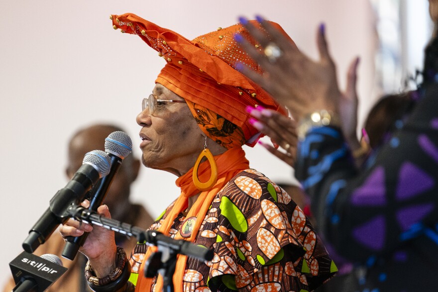 Sonia Williams, a descendant of Henrietta Mills, speaks during a press conference held by Descendants of the St. Louis University Enslaved on Thursday, Feb. 8, 2024, at the Busch Student Center in Midtown. DSLUE calculated that $361 million and $70-plus billion were owed to descendants of enslaved people by the university.