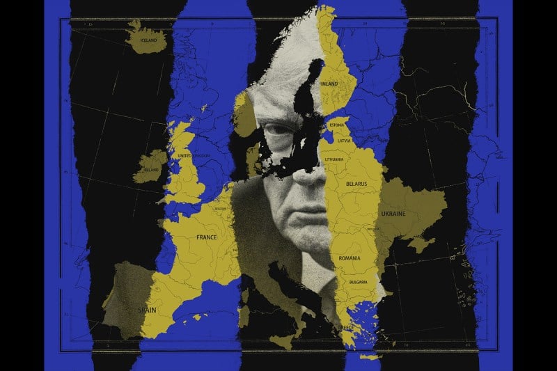 Illustration of a torn map of Europe revealing Donald Trump