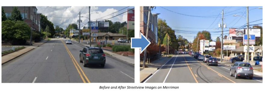 Before and after streetview images of Merrimon Avenue.