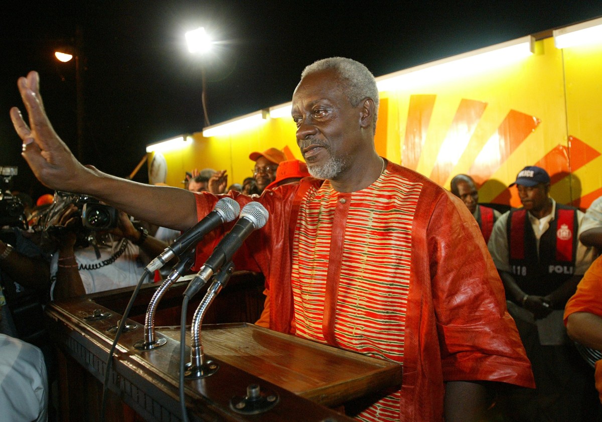 JAMAICAN PRIME MINISTER PJ PATTERSON CELEBRATES AFTER WINNING ELECTION.