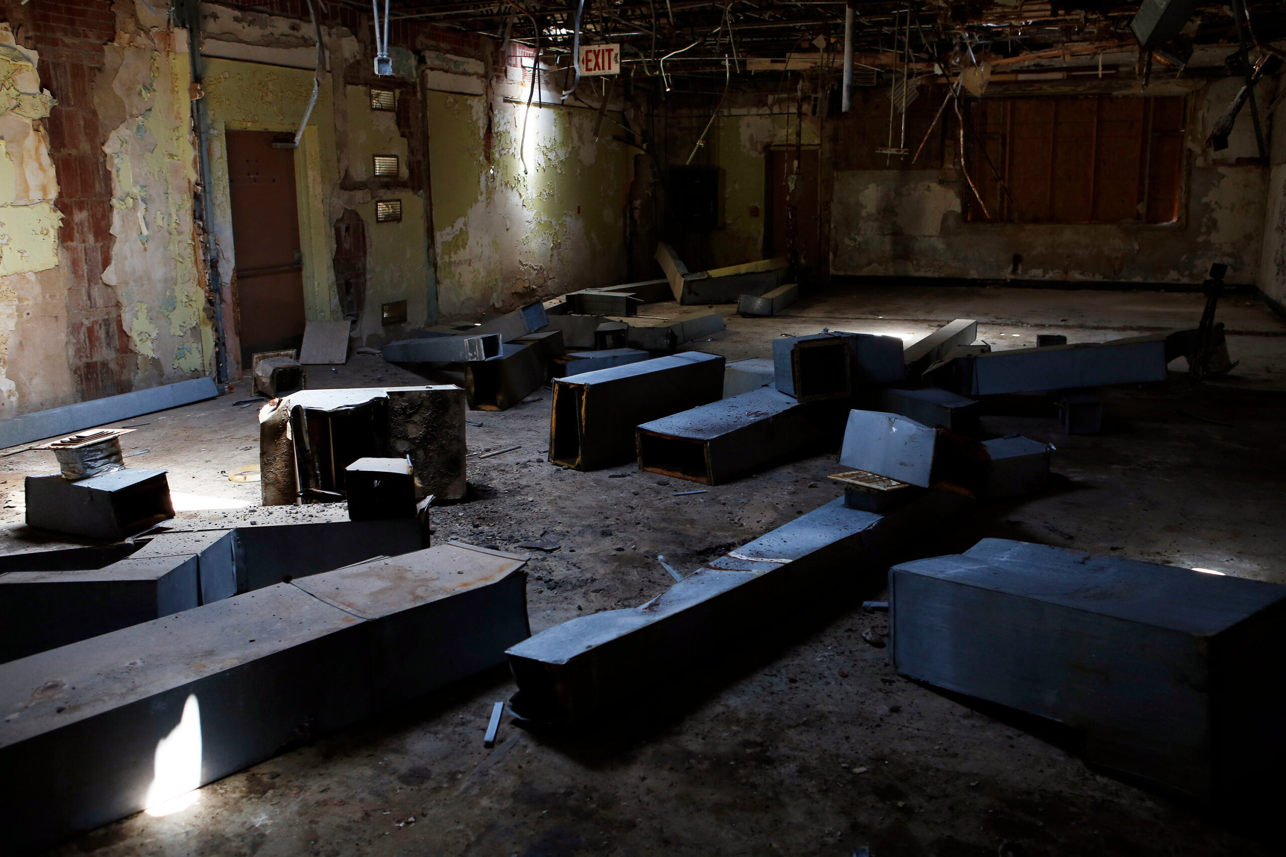 A photo of disrepair inside of Taborian Hospital.