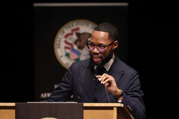 Marvin Slaughter Jr., board chair of the African Descent-Citizens Reparations Commission (ADCRC), speaks during the commission's public hearing at Kennedy-King College on July 13, 2024, in Chicago. (John J. Kim/Chicago Tribune)