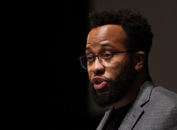 Christian Harris speaks during the African Descent-Citizens Reparations Commission (ADCRC) public hearing at Kennedy-King College on July 13, 2024, in Chicago. (John J. Kim/Chicago Tribune)