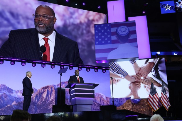 The Rev. Corey Brooks speaks before giving the benediction during Tuesday's Republican National Convention session at Fiserv Forum on July 16, 2024, in Milwaukee. (John J. Kim/Chicago Tribune)