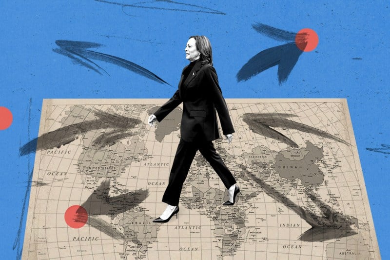 A collage illustration shows Kamala Harris atop a world map with arrows pointing in various directions.