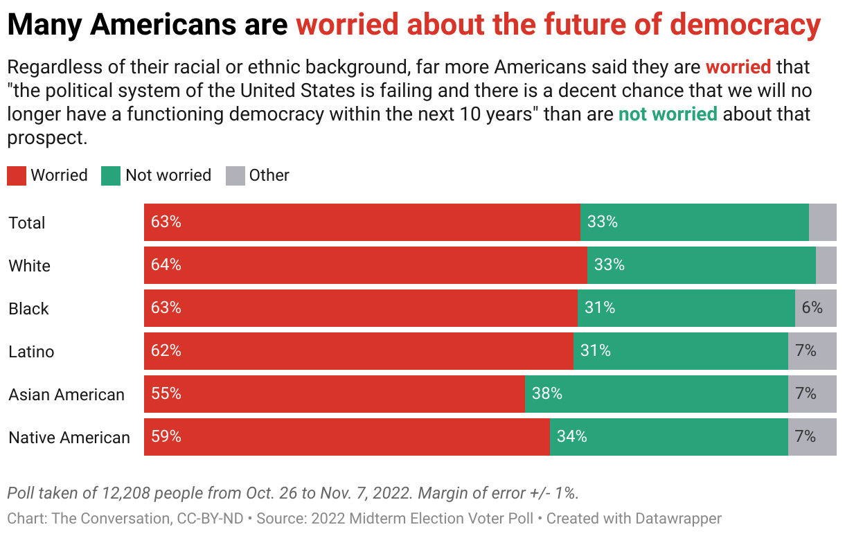 Graph by ethnicity of how worried Americans are about democracy