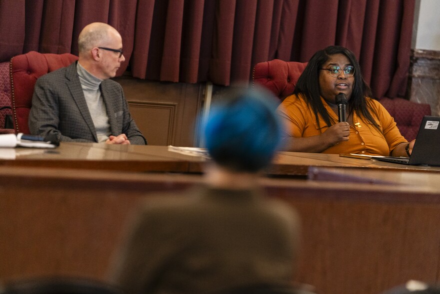 Kayla Reed, chairperson of the St. Louis Reparations Commission, right, speaks during a meeting of the St. Louis Reparations Commission on Wednesday, Jan. 31, 2024, at City Hall in Downtown West. St. Louis Reparations Commission was approved by St. Louis Mayor Tishaura Jones to to extended until September 9.