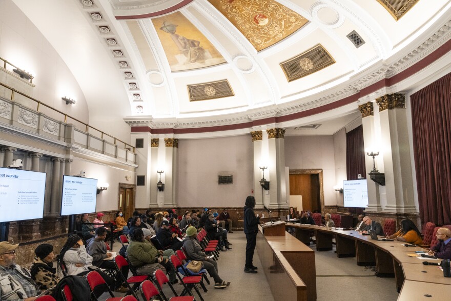 A man makes a public comment during a meeting of the St. Louis Reparations Commission on Wednesday, Jan. 31, 2024, at City Hall in Downtown West. St. Louis Reparations Commission was approved by St. Louis Mayor Tishaura Jones to to extended until September 9.