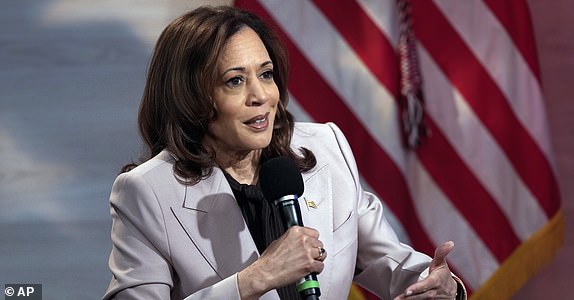 Democratic presidential nominee Vice President Kamala Harris Vice is interviewed by National Association of Black Journalists members Tonya Mosley, and Gerren Keith Gaynor, with moderator Eugene Daniels, at the WHYY studio in Philadelphia, Tuesday, Sept. 17, 2024. (AP Photo/Matt Rourke)