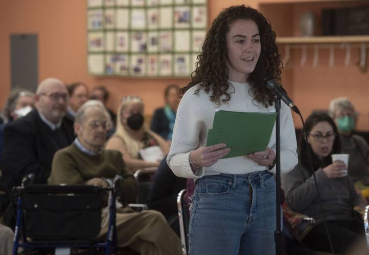 Amherst Town Councilor Ana Devlin Gauthier, who chaired the council subcommittee that prepared the charge for a standing Black Reparations Committee, speaks at the Western Massachusetts Passenger Rail Commission Hearing at the Northampton Senior Center in March 2023.