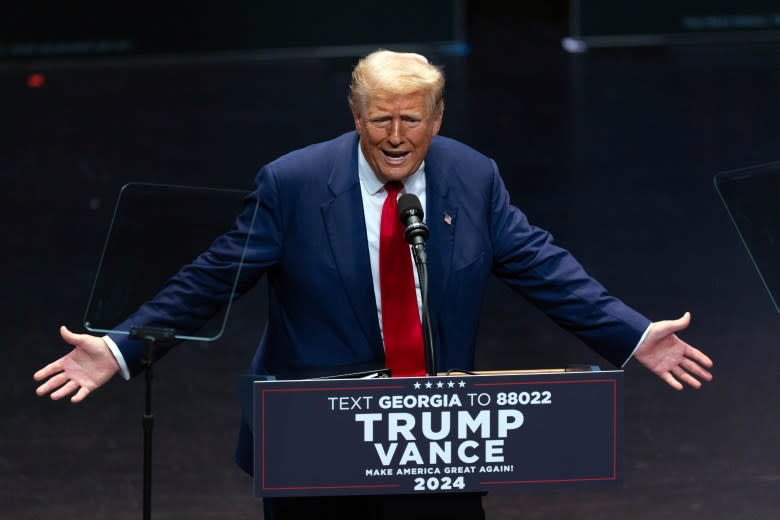 Former President Donald Trump speaks during a campaign event Tuesday in Savannah, Georgia. (John Bazemore/Associated Press)