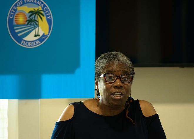 Laura Johnson tells stories about her family's Lady Ethel's Beauty College prior to the unveiling of their small business historical marker at Macedonia Missionary Baptist Church in Panama City, Fla., Sept. 14, 2024. The markers showcase the legacy of entrepreneurship and community spirit that defines the cityÕs Glenwood neighborhood. (Tyler Orsburn/News Herald)