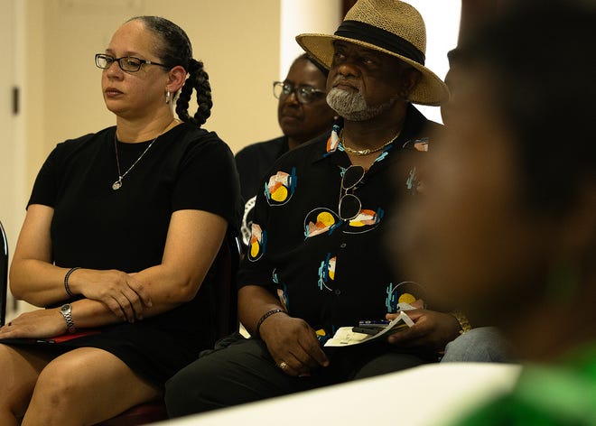 Family members attend the unveiling of six small business historical markers at Macedonia Missionary Baptist Church in Panama City, Fla., Sept. 14, 2024. The markers showcase the legacy of entrepreneurship and community spirit that defines the city’s Glenwood neighborhood. (Tyler Orsburn/News Herald)