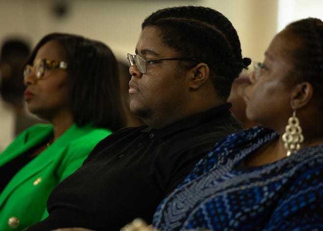 Family members attend the unveiling of six small business historical markers at Macedonia Missionary Baptist Church in Panama City, Fla., Sept. 14, 2024. The markers showcase the legacy of entrepreneurship and community spirit that defines the city’s Glenwood neighborhood. (Tyler Orsburn/News Herald)