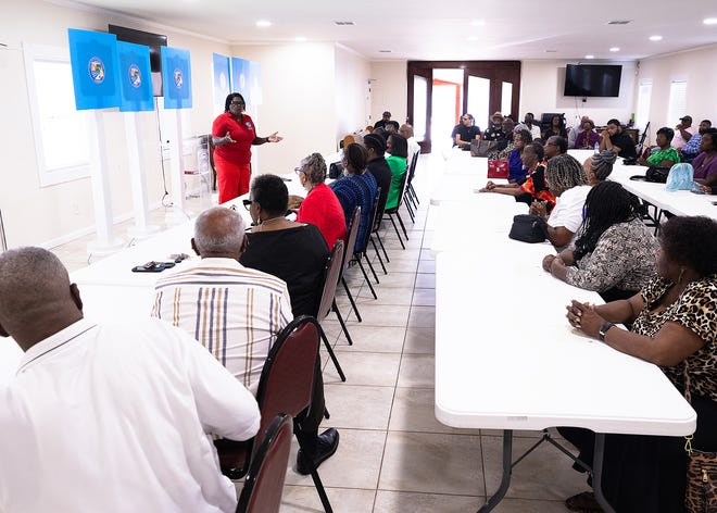 Janice Lucas, city commissioner for Ward 2 in Panama City, Fla., speaks to families prior to the unveiling of their small business historical markers at Macedonia Missionary Baptist Church in Panama City, Fla., Sept. 14, 2024. The markers showcase the legacy of entrepreneurship and community spirit that defines the cityÕs Glenwood neighborhood. (Tyler Orsburn/News Herald)