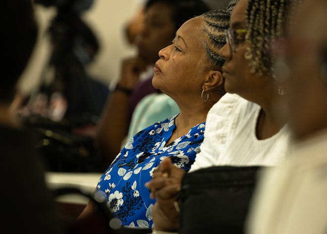 Family members attend the unveiling of six small business historical markers at Macedonia Missionary Baptist Church in Panama City, Fla., Sept. 14, 2024. The markers showcase the legacy of entrepreneurship and community spirit that defines the city’s Glenwood neighborhood. (Tyler Orsburn/News Herald)