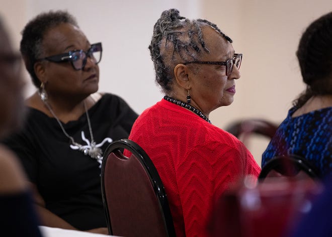 Family members attend the unveiling of six small business historical markers at Macedonia Missionary Baptist Church in Panama City, Fla., Sept. 14, 2024. The markers showcase the legacy of entrepreneurship and community spirit that defines the city’s Glenwood neighborhood. (Tyler Orsburn/News Herald)