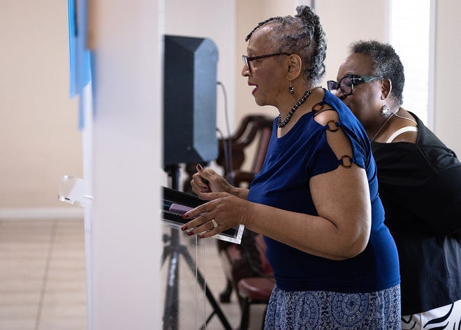 Mary Annie Lewis Houghs and Nellie Lewis Willams tell stories about their familyÕs Lewis Bail Bonding business prior to the unveiling of their historical marker at Macedonia Missionary Baptist Church in Panama City, Fla., Sept. 14, 2024. The markers showcase the legacy of entrepreneurship and community spirit that defines the cityÕs Glenwood neighborhood. (Tyler Orsburn/News Herald)