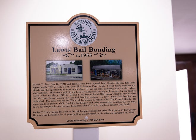 The Lewis Bail Bonding historical marker is seen at Macedonia Missionary Baptist Church in Panama City, Fla., Sept. 14, 2024. The marker showcases the legacy of entrepreneurship and community spirit that defines the city’s Glenwood neighborhood. (Tyler Orsburn/News Herald)