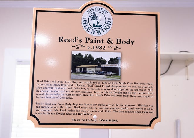 Reed’s Paint & Body historical marker is seen at Macedonia Missionary Baptist Church in Panama City, Fla., Sept. 14, 2024. The marker showcases the legacy of entrepreneurship and community spirit that defines the city’s Glenwood neighborhood. (Tyler Orsburn/News Herald)