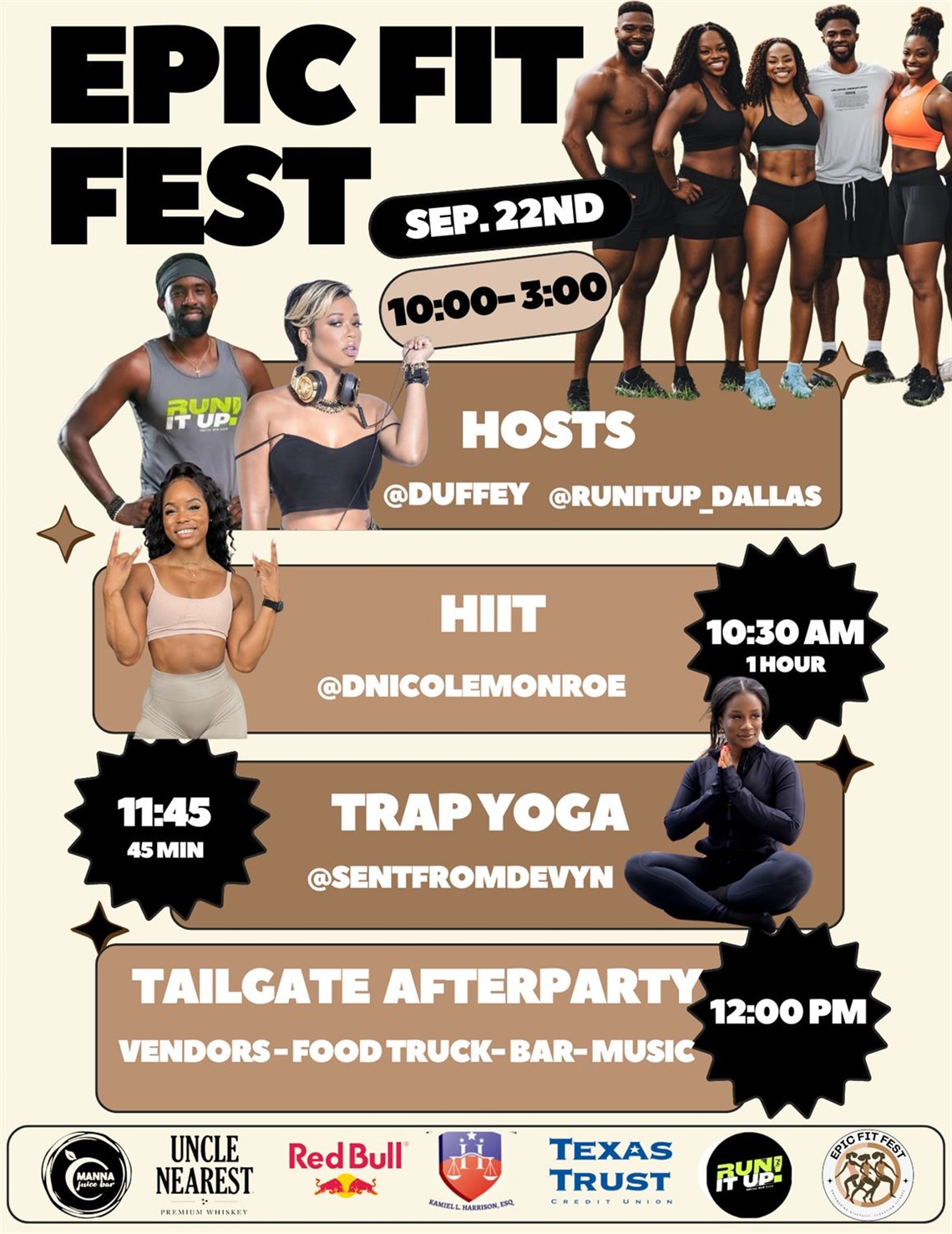 Epic Fit Fest flyer for a fitness event with DJ Duffey, Theo Murdaugh, HIIT, and Trap Yoga on Sept. 22, 10 AM-3 PM, at Epic Central, Grand Prairie. Includes Tailgate Afterparty with vendors, food trucks, bar, and music. Sponsored by local businesses.