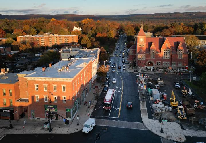 Downtown Amherst looking down Main Street toward the Town Hall building.