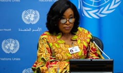 Shirley Ayorkor Botchwey, Minister for Foreign Affairs and Regional Integration of Ghana attends a UN press conference.  She is wearing glasses and a yellow print top