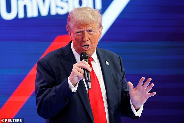 Republican presidential nominee and former U.S. President Donald Trump speaks during a town hall presented by Spanish-language network Univision, in Doral, Florida, U.S., October 16, 2024