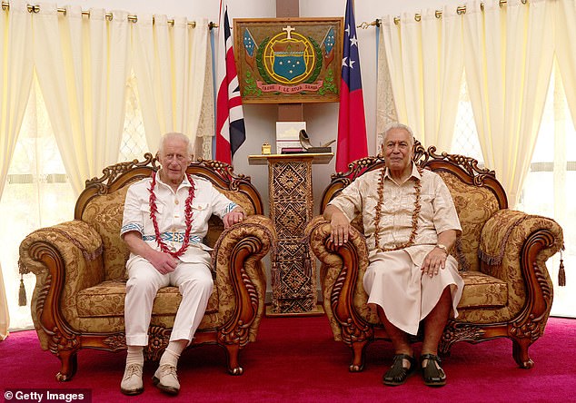 King Charles III meets with Head of State of the Independent State of Samoa, Afioga Tuimalealiifano Vaaletoa Sualauvi II at his official residence in Mulinuu