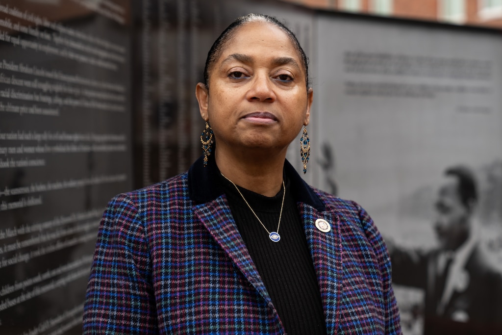 Del. Joseline Peña-Melnyk poses for a portrait in front of the civil rights foot soldiers memorial in Annapolis.