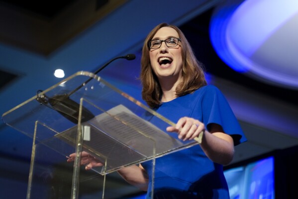 Sarah McBride, Democratic candidate for Delaware's at-large congressional district, speaks during an election night watch party Tuesday, Nov. 5, 2024, in Wilmington, Del. (AP Photo/Pamela Smith)