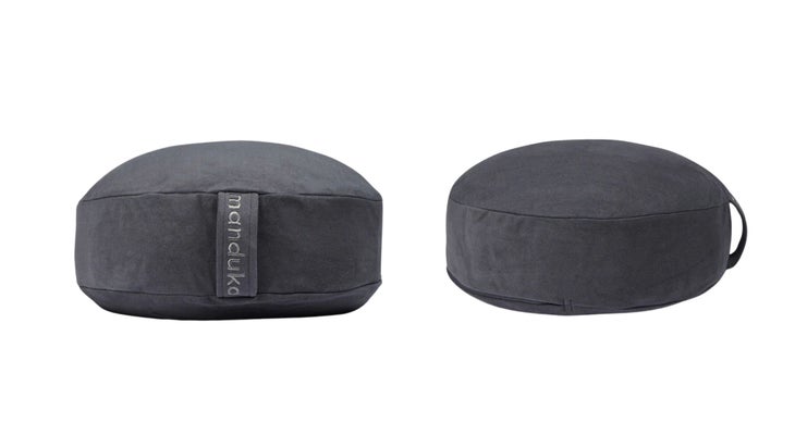 front and back of gray meditation pillow