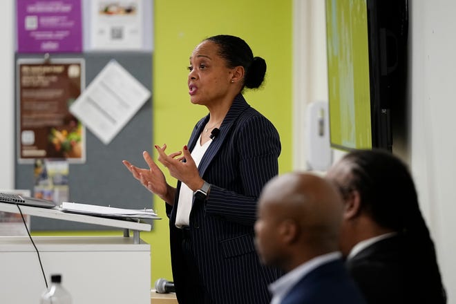 City of Columbus health commissioner Dr. Mysheika Roberts speaks during the Black Health: A Journey Through Time event at the Healthy Community Center on the Near East Side on Feb. 11, 2025. The program looked at the historical challenges and progress of Black health care.