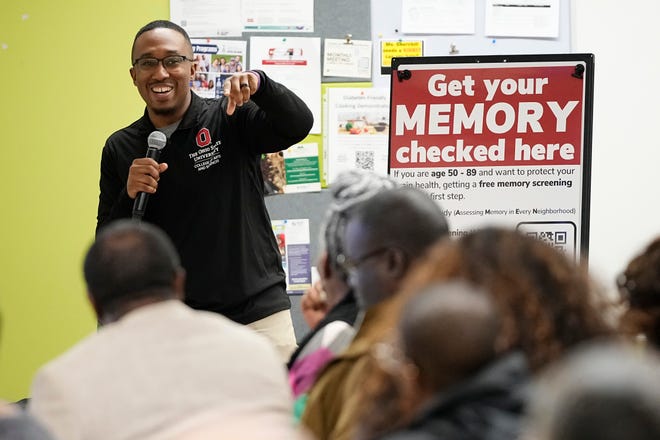 Dr. Jeremy Grant, a neuropsychologist at Ohio State's Wexner Medical Center, talks about the benefits of medical studies during the Black Health: A Journey Through Time event at the Healthy Community Center on the Near East Side on Feb. 11, 2025. The program looked at the historical challenges and progress of Black health care.