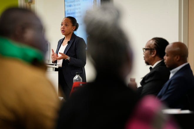 City of Columbus health commissioner Dr. Mysheika Roberts speaks during the Black Health: A Journey Through Time event at the Healthy Community Center on the Near East Side on Feb. 11, 2025. The program looked at the historical challenges and progress of Black health care.