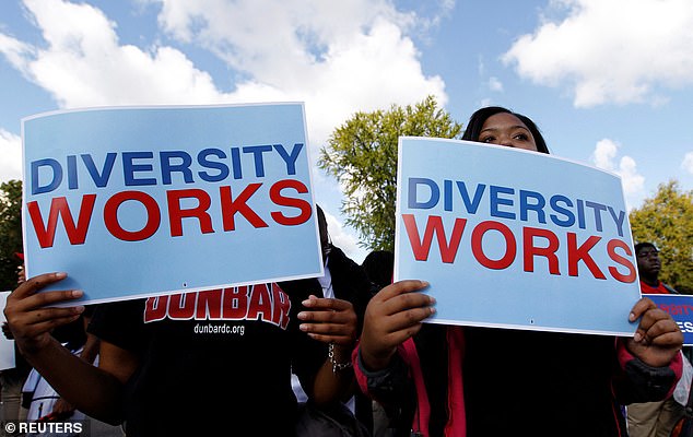 Students calling for diversity efforts protest outside the US Supreme Court in Washington